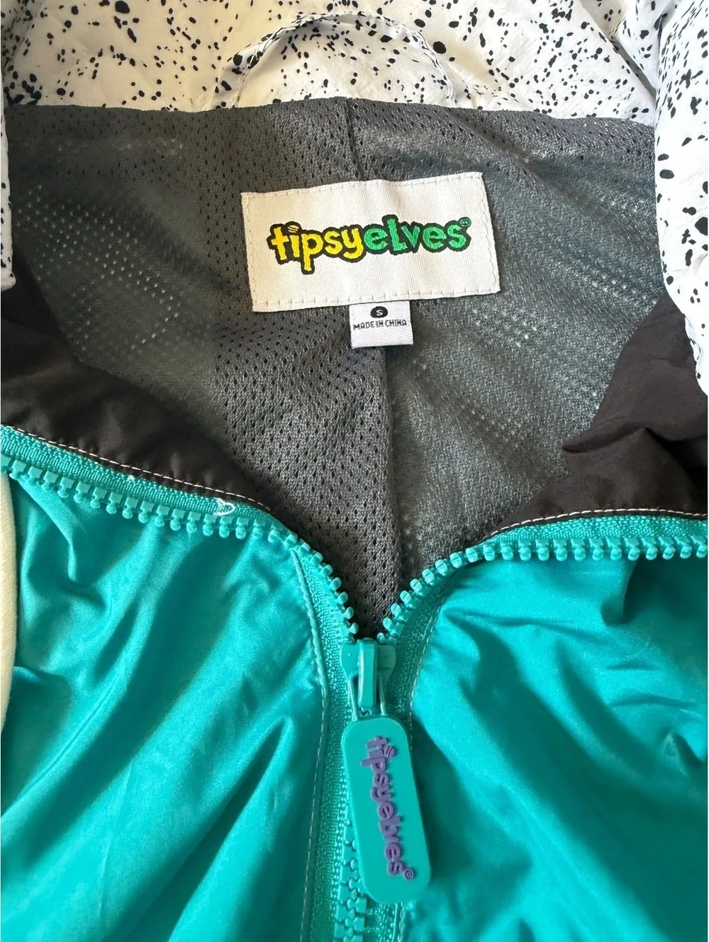 Tipsy Elves Retro Colorblock Windbreaker Jacket Small 80s 90s Hooded Teal Pink